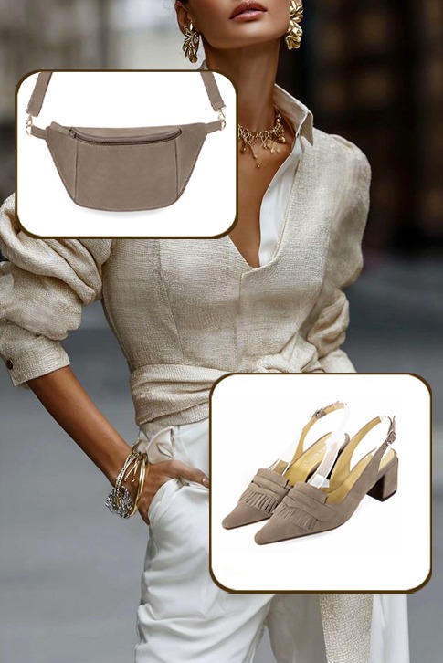 Dress slingback heels in tan beige leather with medium block heels and pointed toe - Top view
